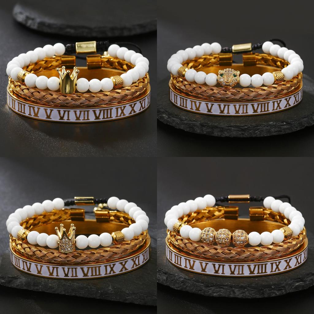 Mens And Womens Stainless Steel Skull Bracelets With Roman Numerals And Crown Motif