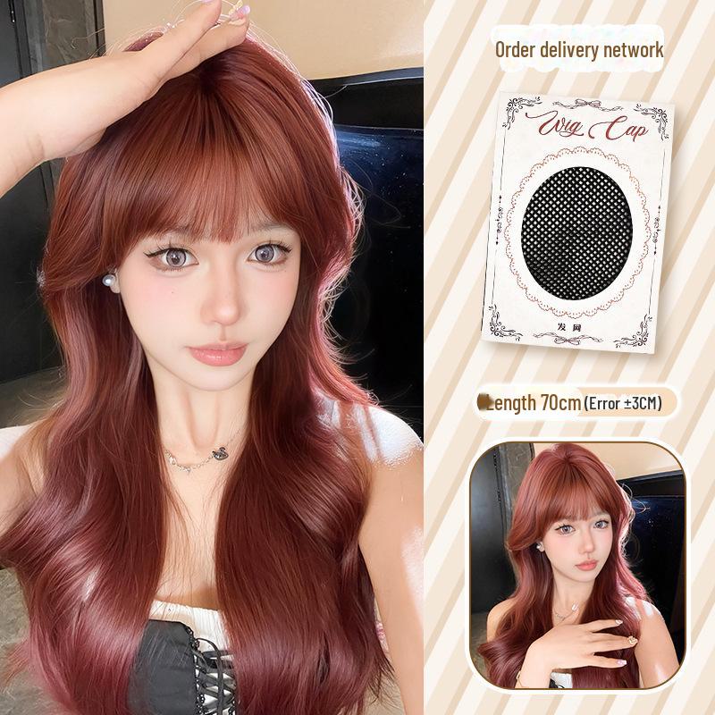 Logic Cat Dámská růžově červená dlouhá kudrnatá paruka s ofinou - Realistická mořská panna, celá sada