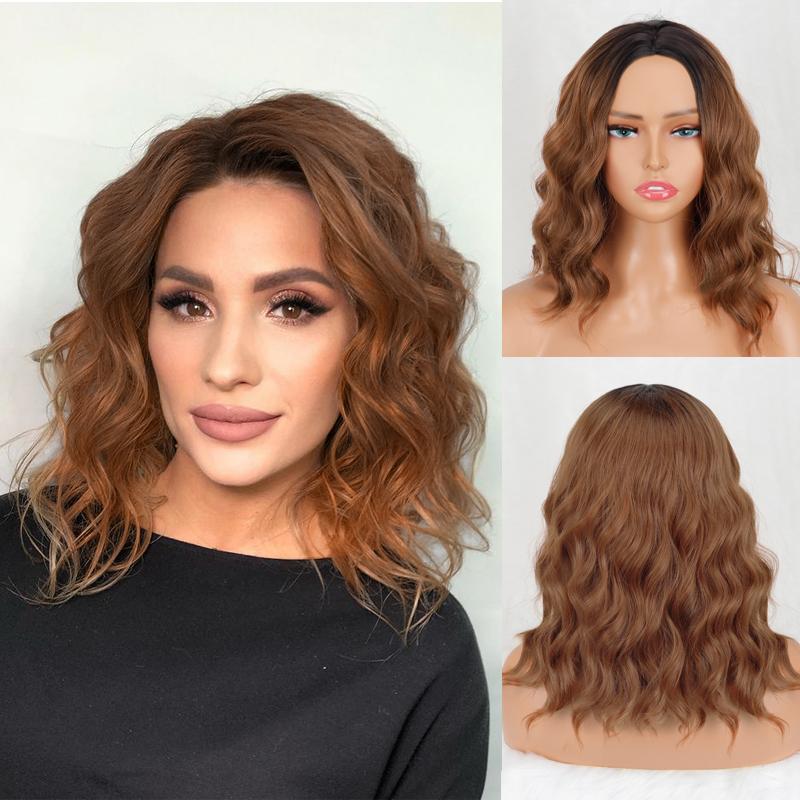 MERISIHAIR Women Short Bob Natural Wavy Pink Wig with Bangs Synthetic Fiber Short Water Wave Wig Daily Wear Cosplay
