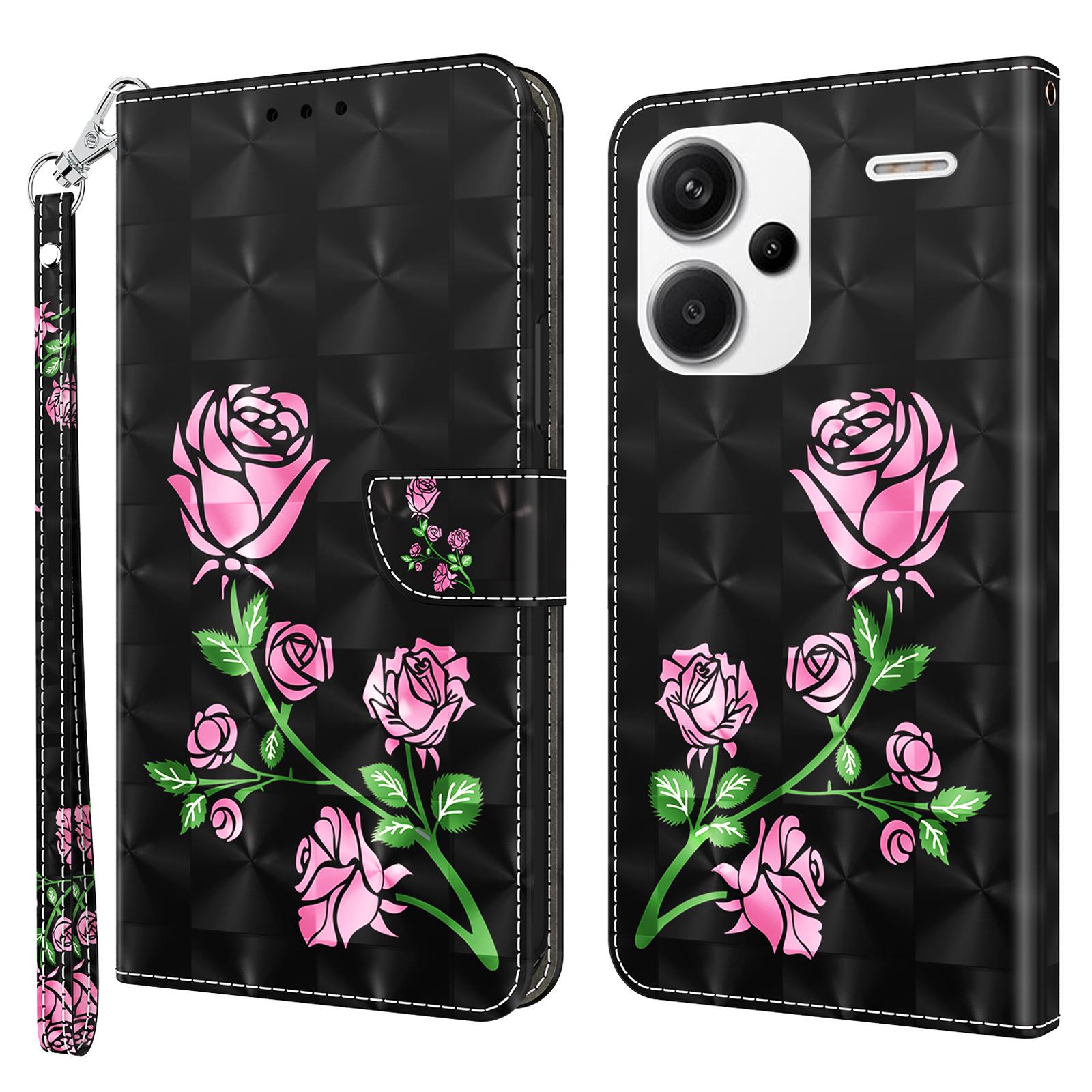 

For Xiaomi Redmi Note 13 Pro+ 5G Leather Case 3D Pattern Printing Phone Cover with Hand Strap Rose Flower