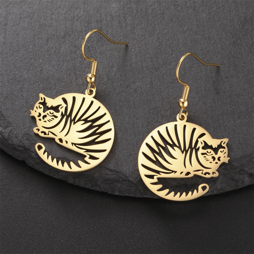 My Shape Striped Cat Dangle Earrings for Women Tiger Striped Cat Drop Earrings Kitten Animal Pendant Stainless Steel Jewelry