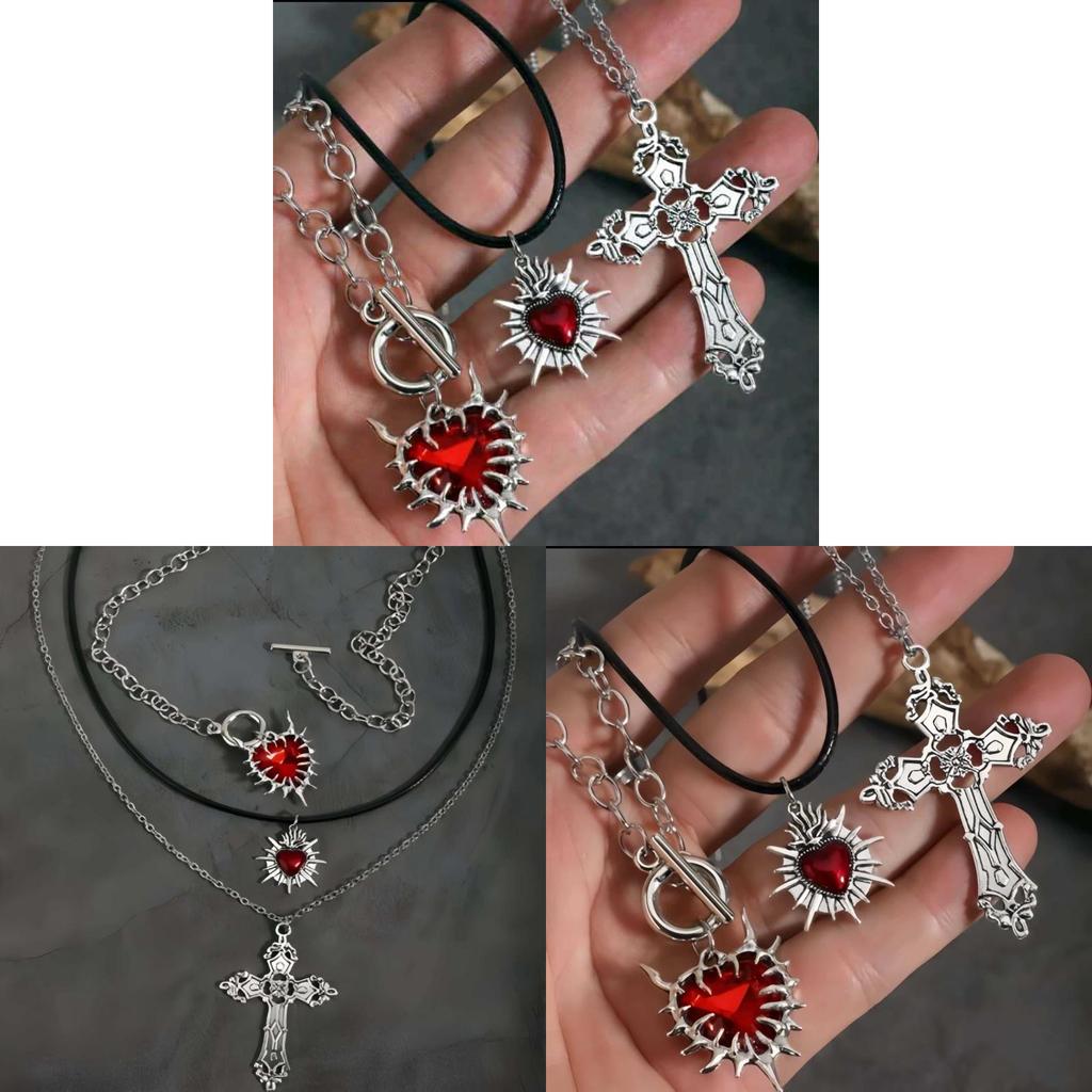Gothic Heart Cross Pendant Necklace With Alloy Chain For Fashion Accessories