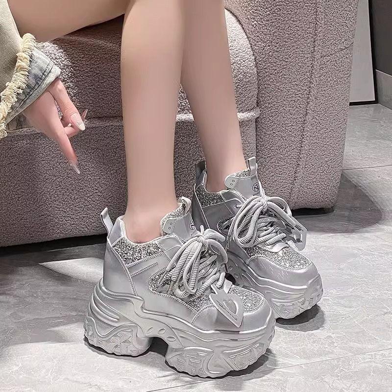 New Dad Shoes Breathable Women's New Mesh Autumn Heightening Sports and Leisure Shoes White Silver