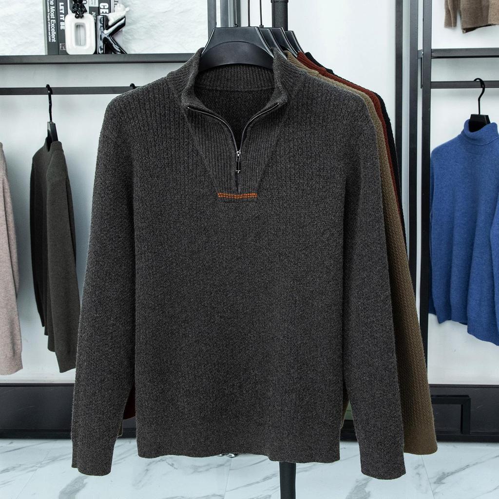 Men's Plus Size Trendy Half-Zip Wool Sweater: Autumn/Winter Fleece Pullover, Warm Casual Knit.