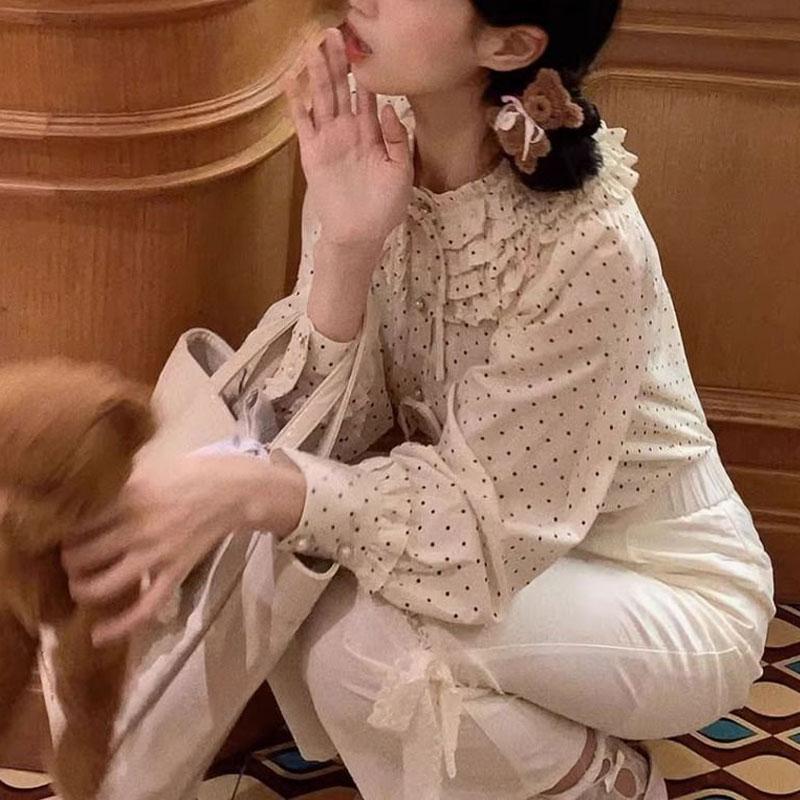 Sweet Drawstring Polka Dot Blouse Women's Clothing Bow Stylish Ruffles Spliced Basic Spring Autumn Japan Style Long Sleeve Shirt