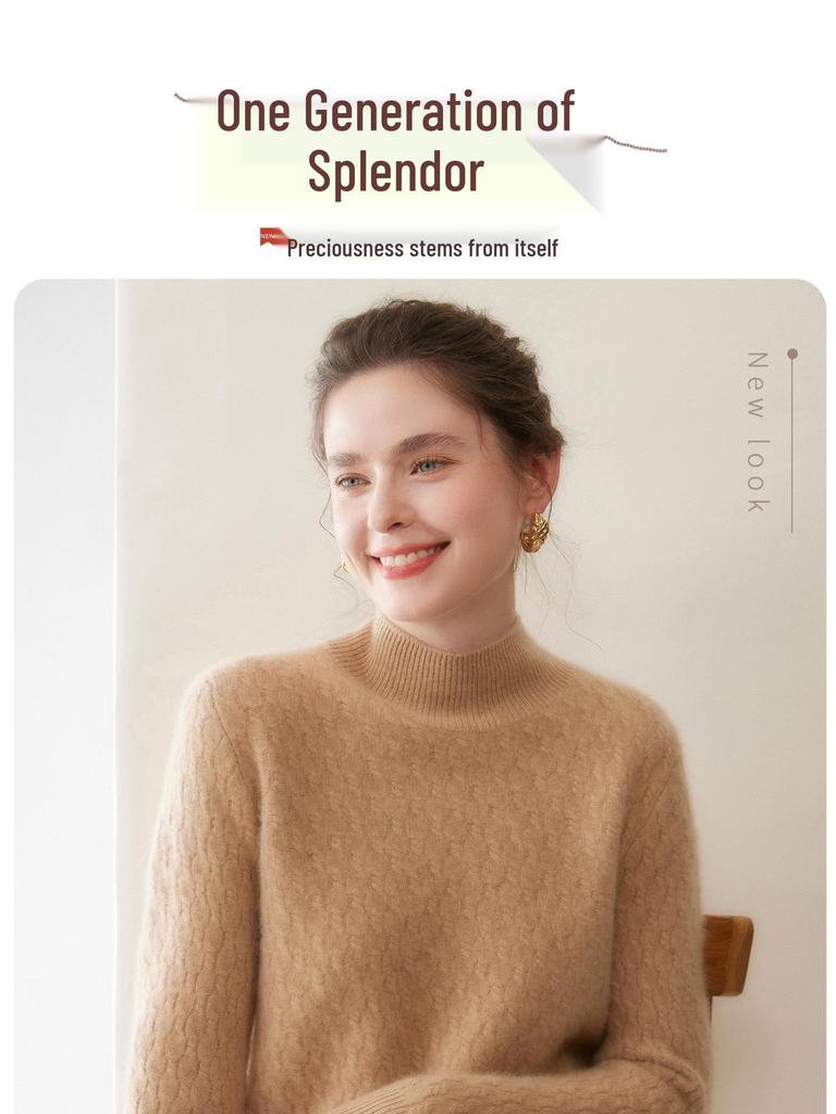 Women's Cashmere Cable Knit Sweater - Half-High Neck, Loose Fit, Versatile & Thickened for Autumn/Winter