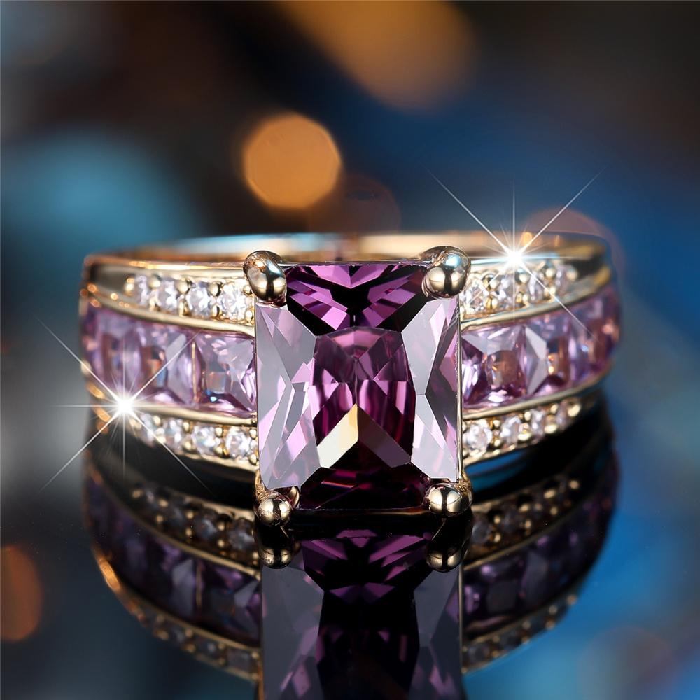 Cute Female Purple Zircon Stone Ring Gold Color Engagement Charm Wedding Jewelry For Women