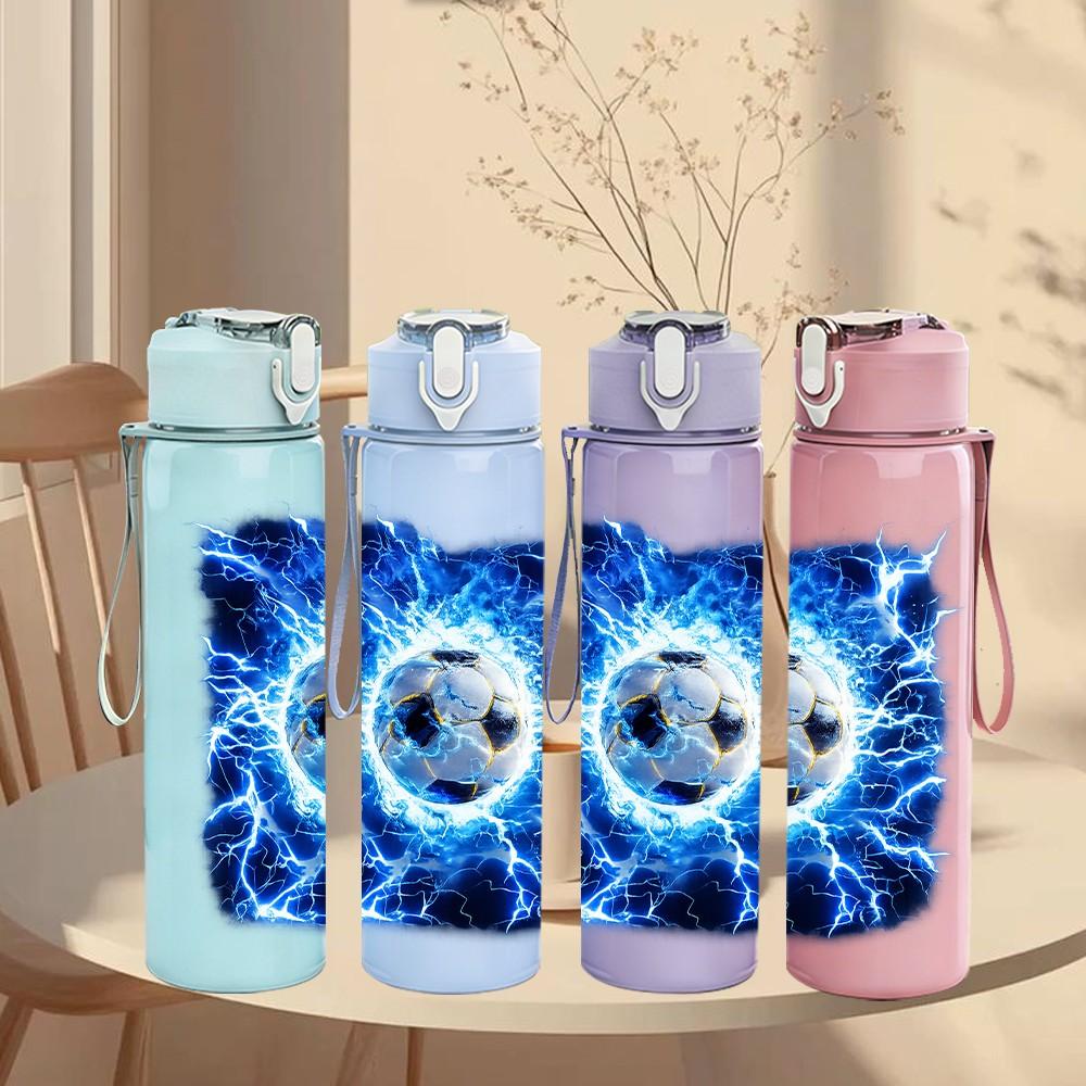 1PC Blue Lightning Soccer Ball Print 750ml Color Plastic Sports Water Bottle Leakproof Flip Straw Lid Suitable for Sports Office Home Use