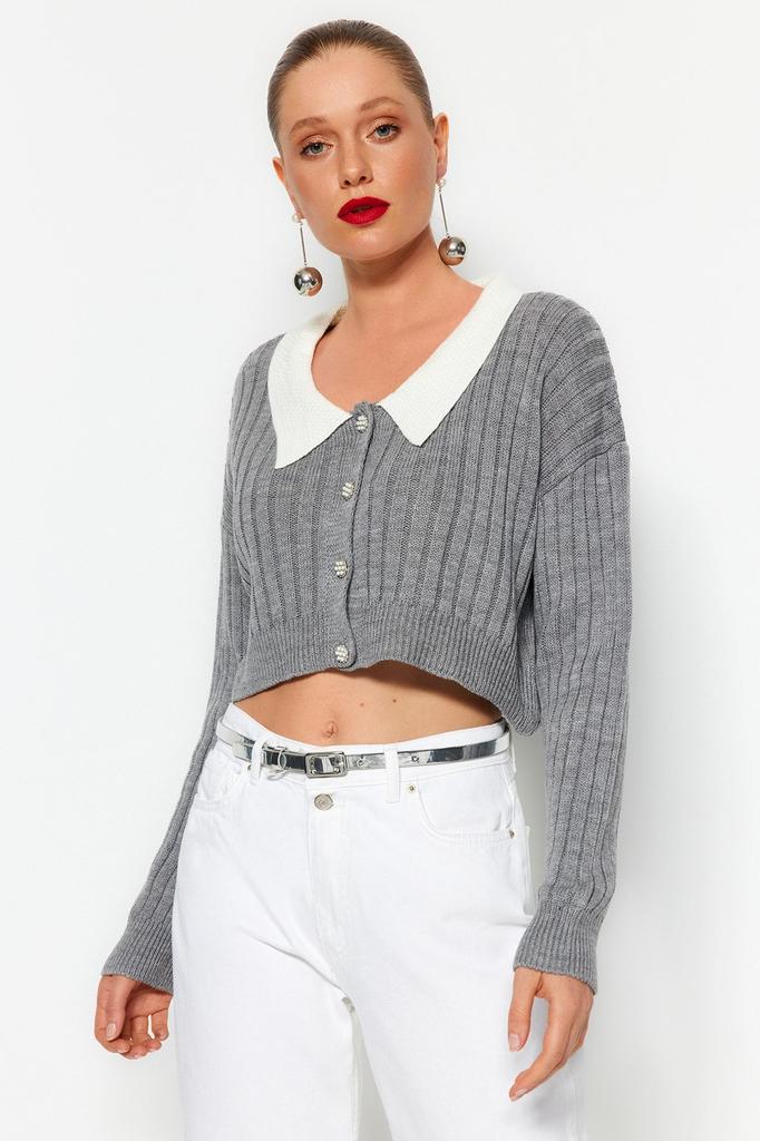 Women's Elegance Style Cardigan Green Super Crop Shirt Collar Knitwear Cardigan