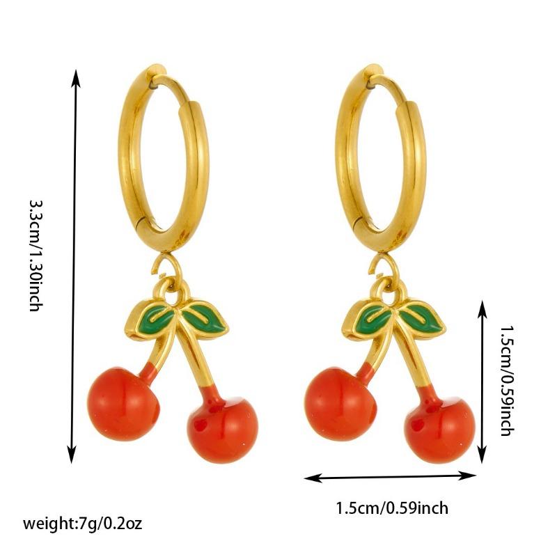 Set de Joyería de Cereza de Acero Inoxidable Chapado en Oro (Collar y Pendientes de Aro) para Mujer, Colgante de Fruta Esmaltada