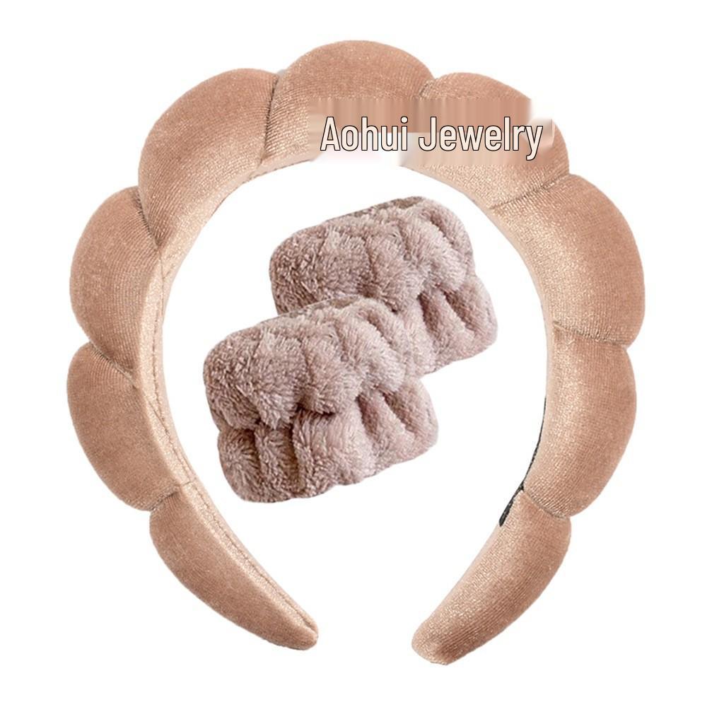 Gold Velvet Spa Headband & Wristband Set for Face Washing & Makeup