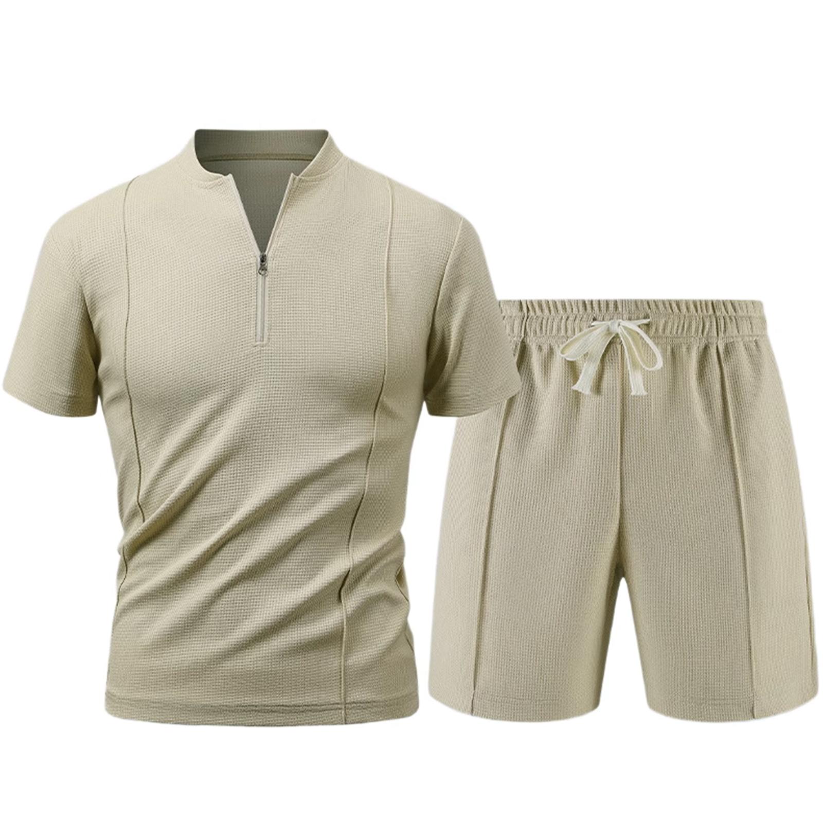 

Мужской летний спортивный комплект: футболка с коротким рукавом на молнии, шорты, повседневные брюки-двойка M бежевый