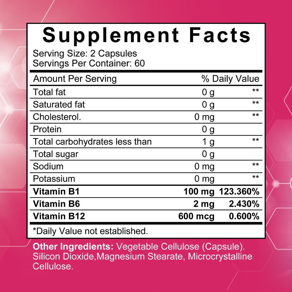 Complesso di Vitamine B (B1, B6, B12) Integratore Alimentare, 120 Capsule per Flacone