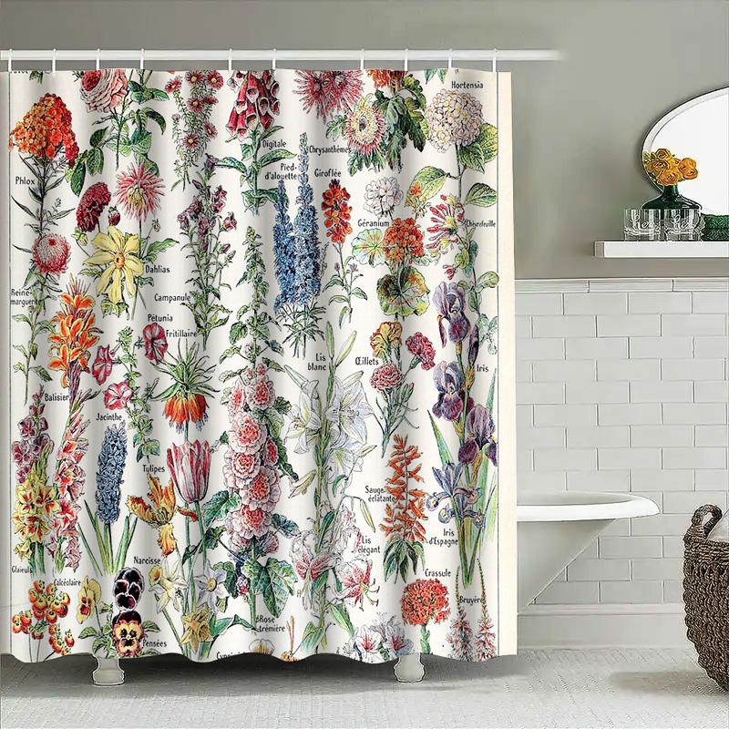Botanical Flower Shower Curtain Vintage Floral Pattern Bathroom Decor Nature Art Washable Fabric Backdrop