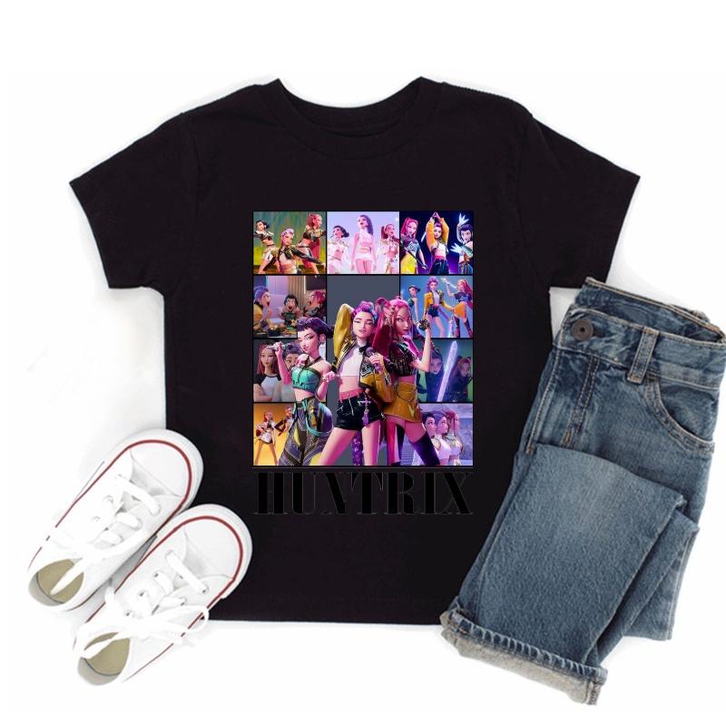 Hot Sale Kpop Demon Hunters Print Fashion Kids T-shirt Baby Boys Girls Clothes Summer Children Cotton Short Sleeve Black T shirt