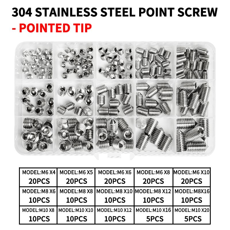 DIN914 304 Stainless Steel Hex Socket Point Grub Screws M3 M4 M5 M6 M8 M10 Assortment Kit - High Hardness Fasteners Set