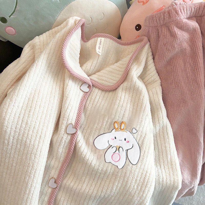 A Bao Xi Women's Coral Fleece Winter Pajama Cardigan Set - Flannel Wear for Girls & Students, Indoor/Outdoor