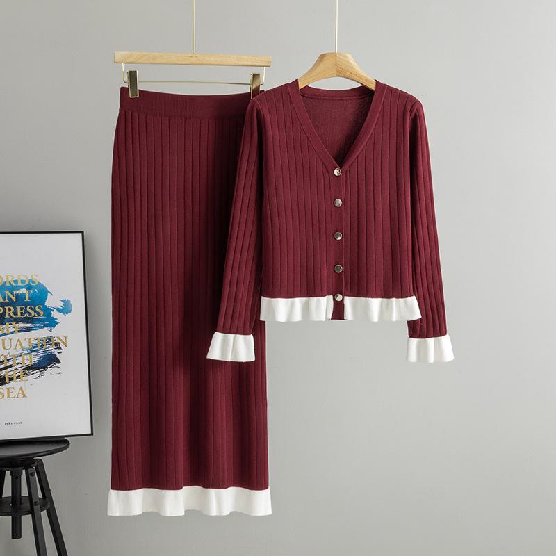 Europäisches Strick-Cardigan- und Rock-Set für Damen - Glockenärmel, Frühling-Herbst, Koreanischer Stil