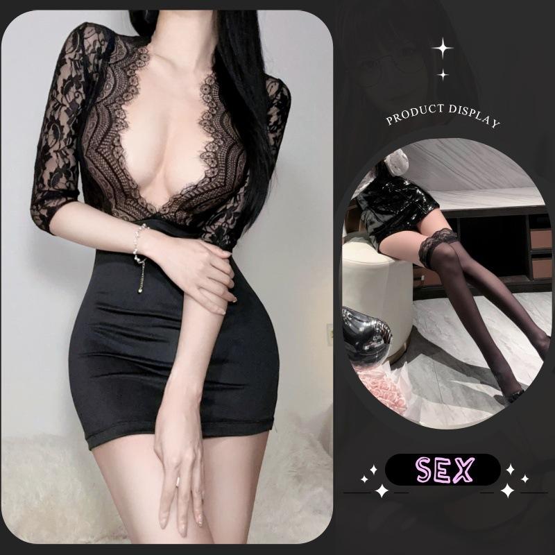 Large size erotic underwear sexy lace suit hip skirt uniform temptation perspective passion onesie OL