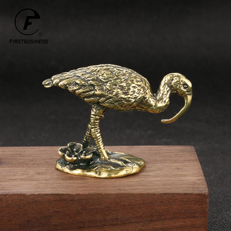 Retro Brass Long-billed Crane Statue Desktop Small Ornaments Bird Animal Miniature Figurines Home Decorations Crafts Collections