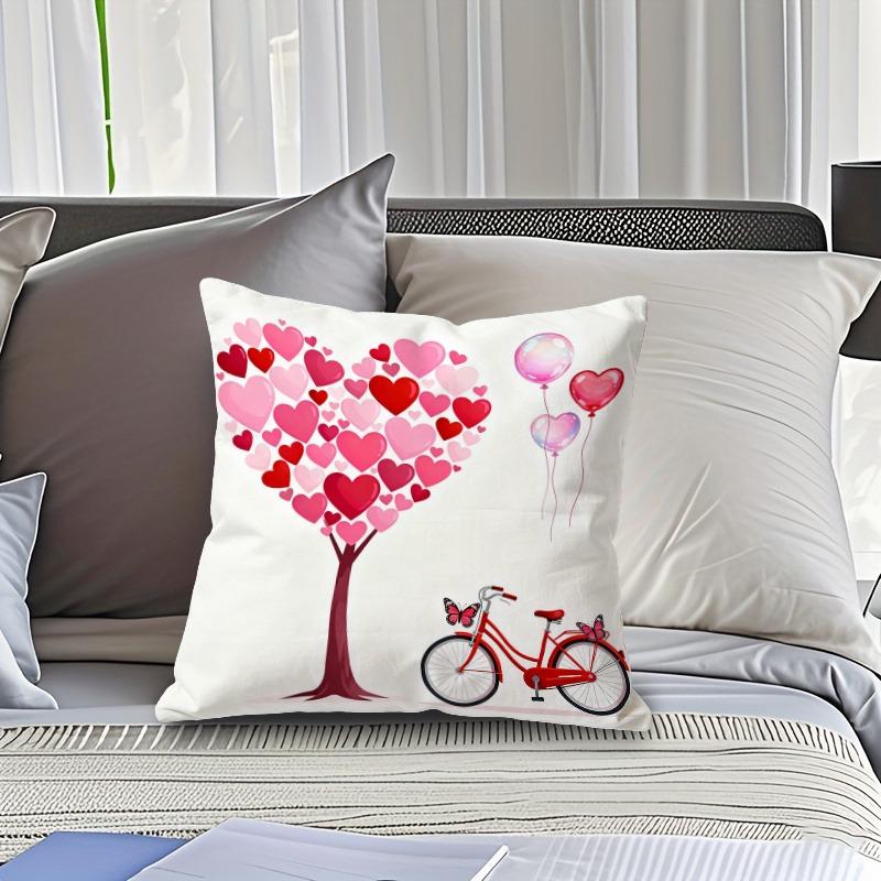 1Pcs Valentine's Day Pillow Cover, Love Tree Red Car Style Pillow Cover On White Background