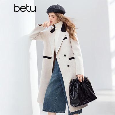 Betu Women's 2025 Winter Contrast Trim Wool Blend Mid-Length Coat