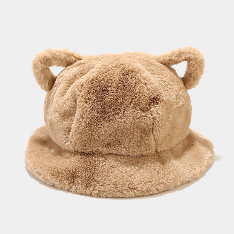 Women's Bucket Hat Winter Cute Cat Ear Plush Fisherman Cap Keep Warm Faux Fur Leopard Bob Cap Female