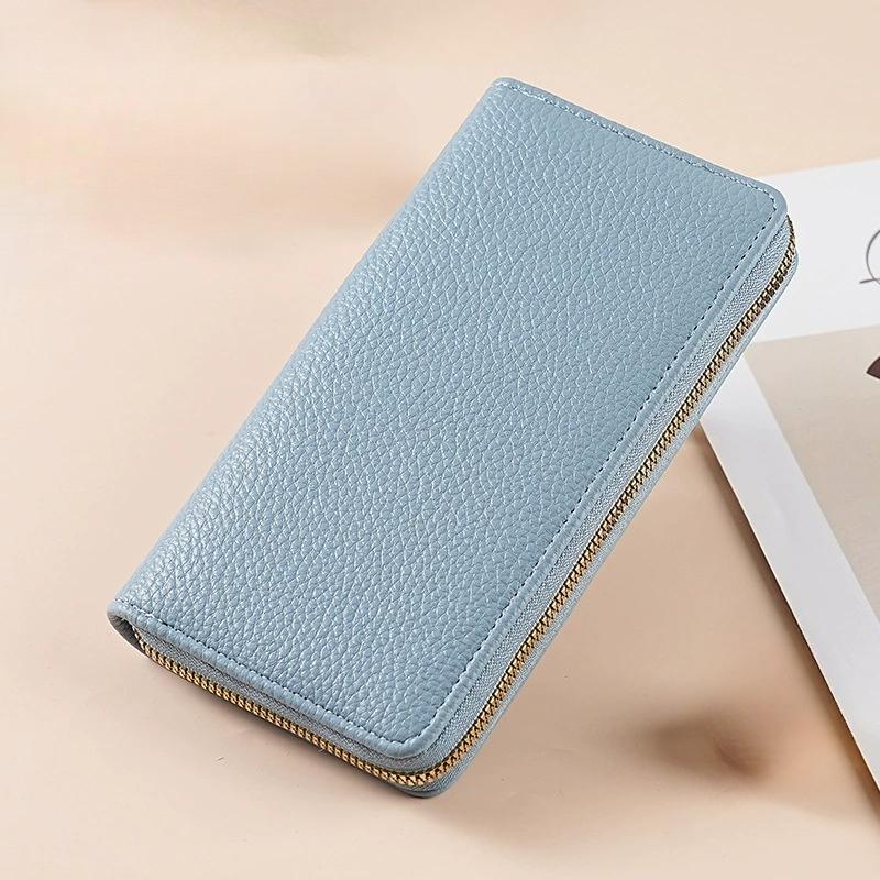 

Женский длинный кошелек с узором личи, на молнии, с зажимом для денег, женский кожаный клатч на запястье, кошелек большой вместимости, держатель для карт, сумка для мобильного телефона, кошелек для монет небесно-голубой