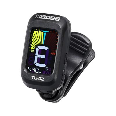 BOSS TU-02 Clip-on Stimmgerät mit Farbdisplay für Gitarre, Bass, Ukulele und mehr, Kompaktes Design, 4 Stimmmodi, Bis zu 24 Stunden Dauerbetrieb, und