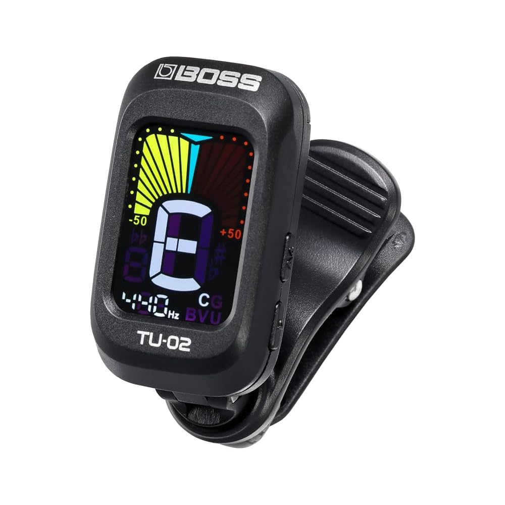 BOSS TU-02 Clip-on Tuner with Color Display for Guitar, Bass, Ukulele, and More, Compact Design, 4 Tuning Modes, Up to 24 Hours of Continuous Use, and