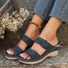 Large Size Summer New Retro Casual Flower High Heel One-character Women's Wedge Heel Slippers Shoes