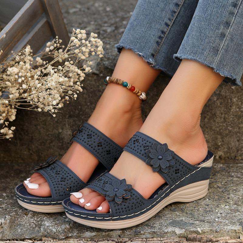 Large Size Summer New Retro Casual Flower High Heel One-character Women's Wedge Heel Slippers Shoes