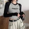 2KWEIRD Letter Print T-Shirt Women Spring Long Sleeve Patchwork Tops Fashion Retro Contrast Color Crop Top Hot Girl Kpop Skinny Y2K Tees