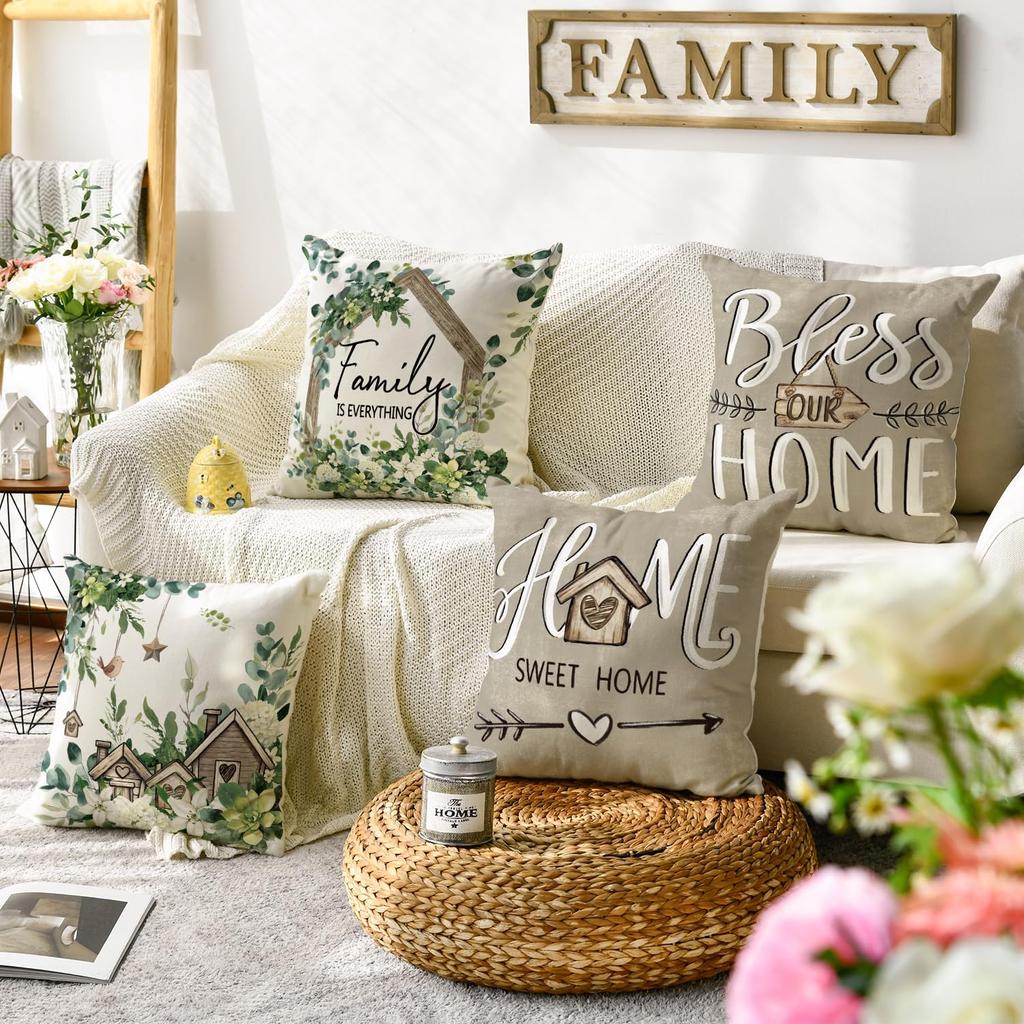 AVOIN Colorlife Sweet Home Family Is Everything Spring Floral Throw Pillow Covers, 18 X 18 Inch Seasonal Eucalyptus Flowers Cushion Case Decoration