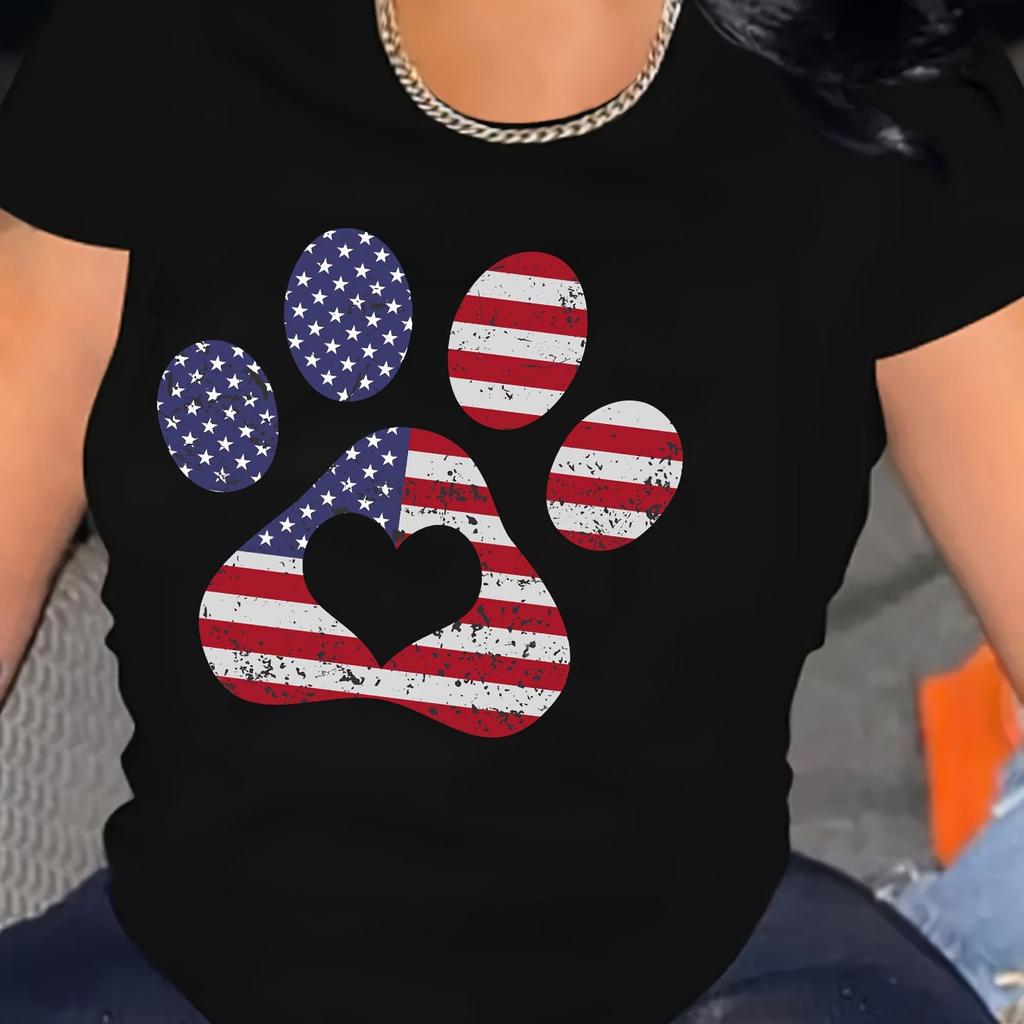 Independence Day Dog paw Print T shirt Short Sleeve Crew Neck Casual Comfortable Style Worn All Season