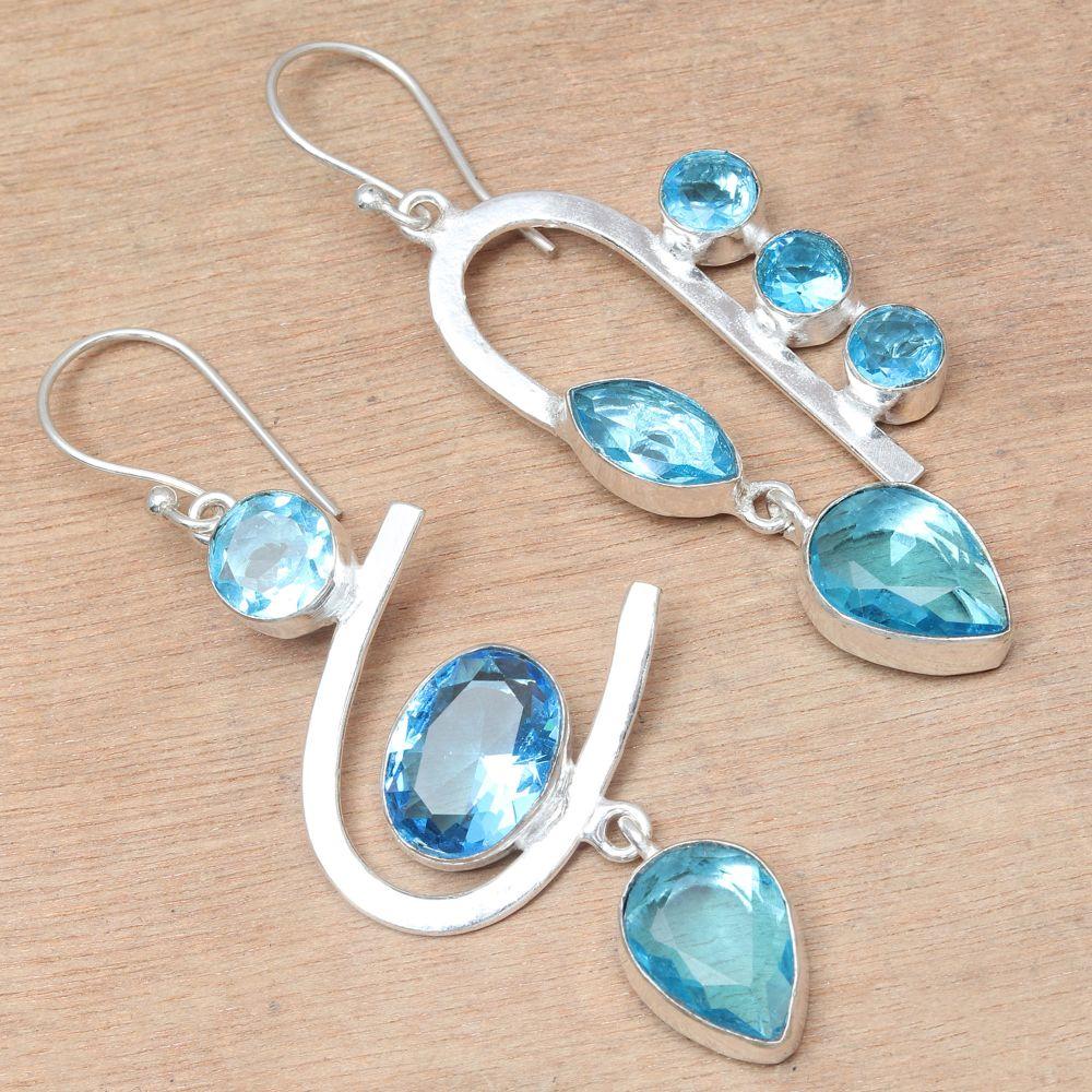 Schweizer Blauquarz Edelstein Geschenk für Sie Silber Schmuck Ohrringe 1,5''