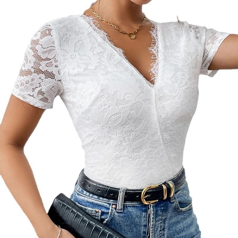Women S White V Neck Lace Spliced Three Quarter Sleeve Jumpsuit