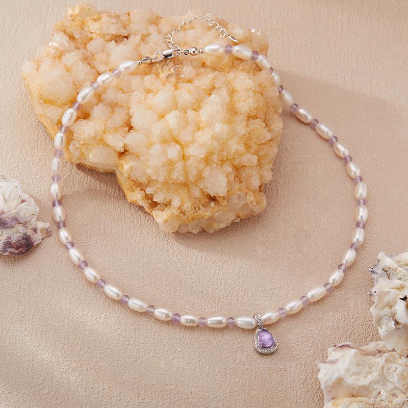 Collar de perlas de agua dulce y amatista natural para mujer, plata de ley 925, joyería de cuentas de colores, pendientes de cadena para clavícula, lote