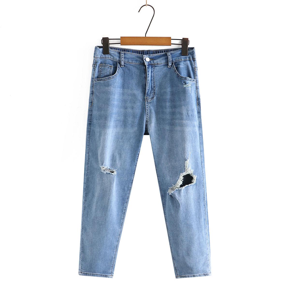 

Весна-лето женские большие размеры с эластичной резинкой на талии и высокой талией, тонкие эластичные джинсовые укороченные джинсовые брюки с дырками 4XL синий