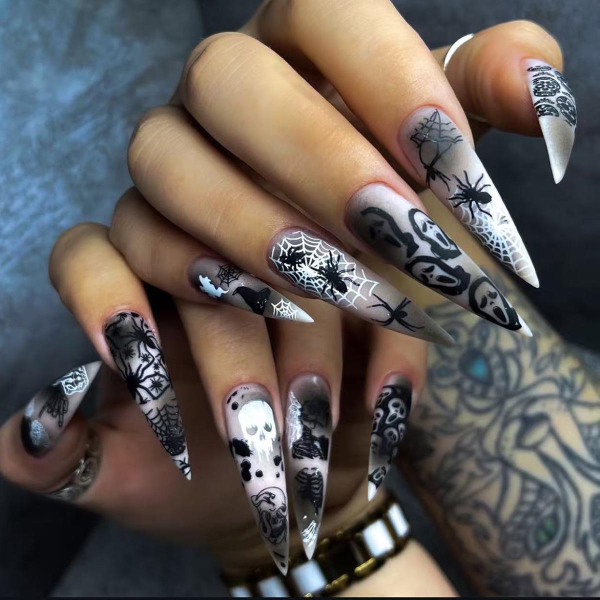 Halloween Ghost Face Matte Nails: 24-Piece Black & White Spider Web and Skull Stickers Glue