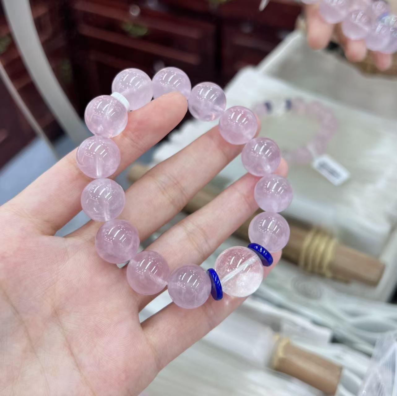 Zhu Zhu Rose Quartz & White Crystal Bracelet - Elegant Large Beads, Translucent Pink & Clear Crystals