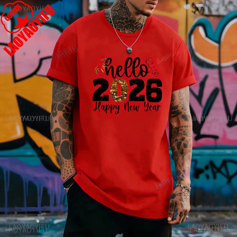 2026 New Year Hello Simple Graphic TShirt Golden Lettering Casual Crew Neck Unisex Tee Fashion Leisure Allmatch Shortsleev