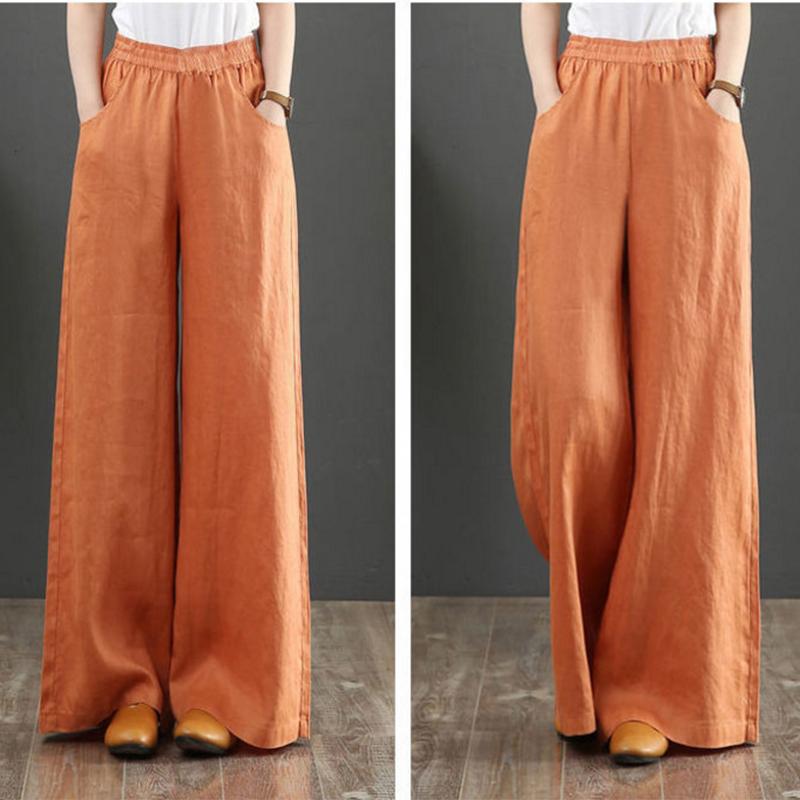 Pantaloni largi din bumbac și cânepă pentru femei, cu talie mare elastică, care atârnă cu senzație de vară, pantaloni subțiri, pantaloni casual largi din bumbac și cânepă
