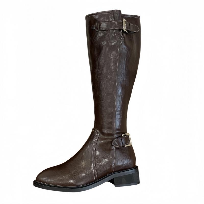 Khaki tall boots autumn button boots women's 2025 new thin and tall small Spice Girls short boots