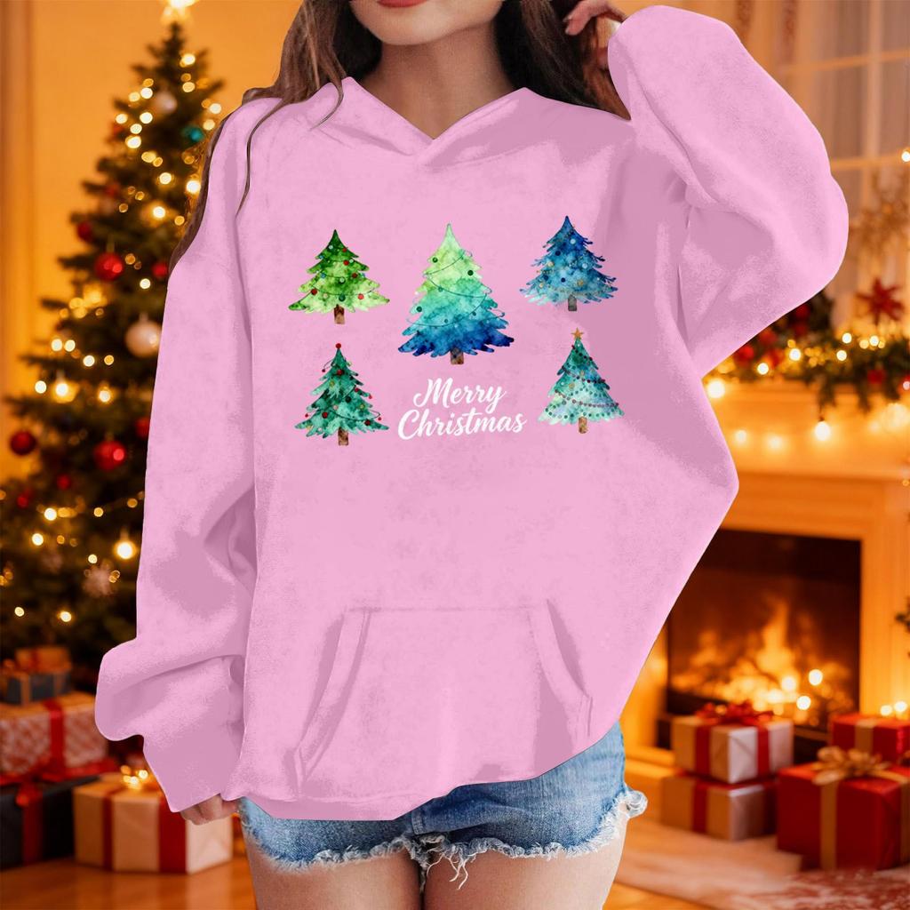 Felpa con cappuccio e stampa natalizia per bambina, manica lunga, pullover casual e comodo per le vacanze