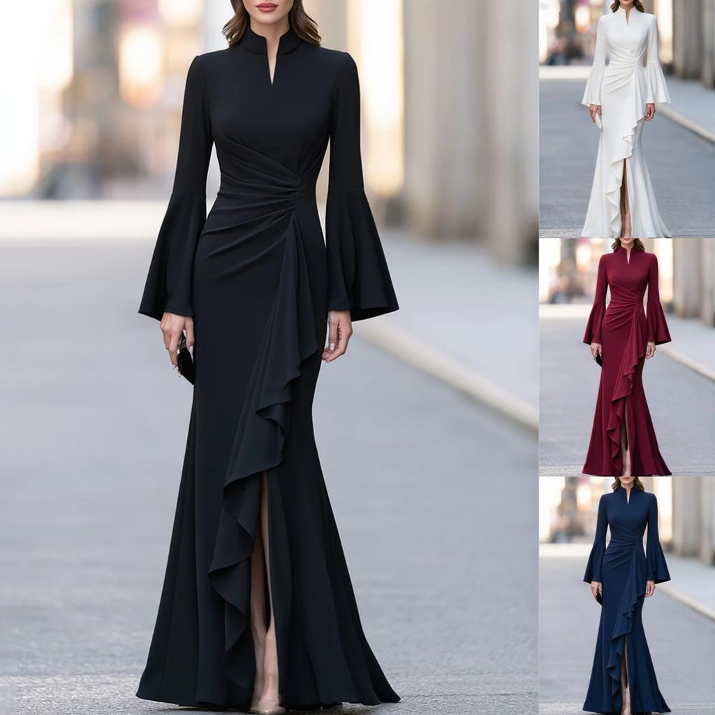 Women's Mock Neck Bell Sleeve Ruffled Slit Maxi Dress Multi Color Elegant Fitted Evening Dress