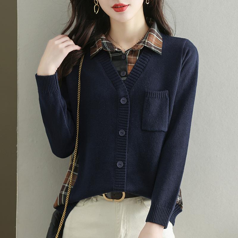 Lapel Button Down Shirt Sweater Women Autumn Winter Faux Two Piece Long Sleeve Knit Sweaters Jackets