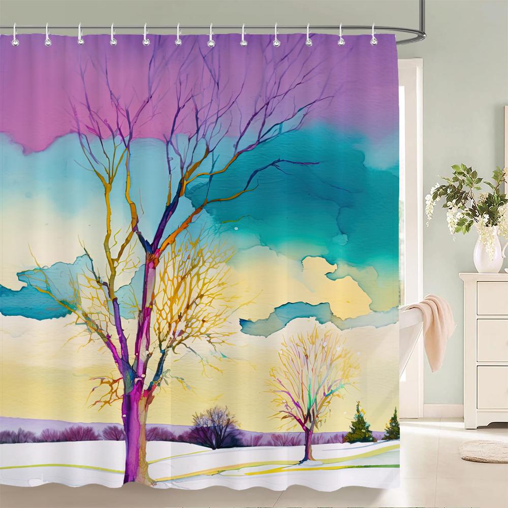 3d Watercolor Tree Shower Curtain Plant Floral Pattern Printed Fabric Waterproof Polyester Bathroom Curtain Decor With Hooks