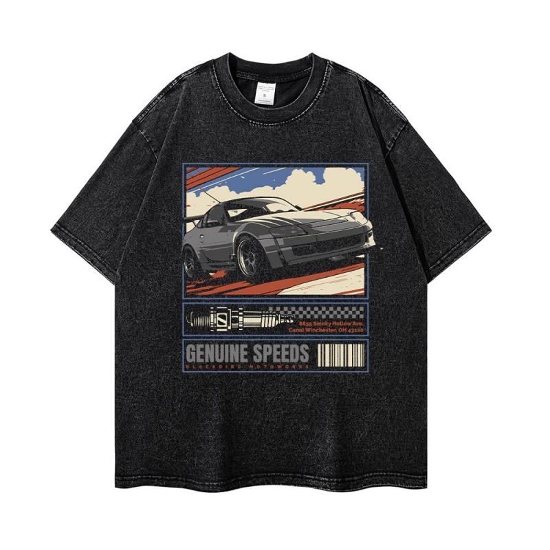 Vintage Comic Racing Car Print Washed Distressed Cotton Tee Loose Fit Drop Shoulder Short Sleeve Mens T-Shirt
