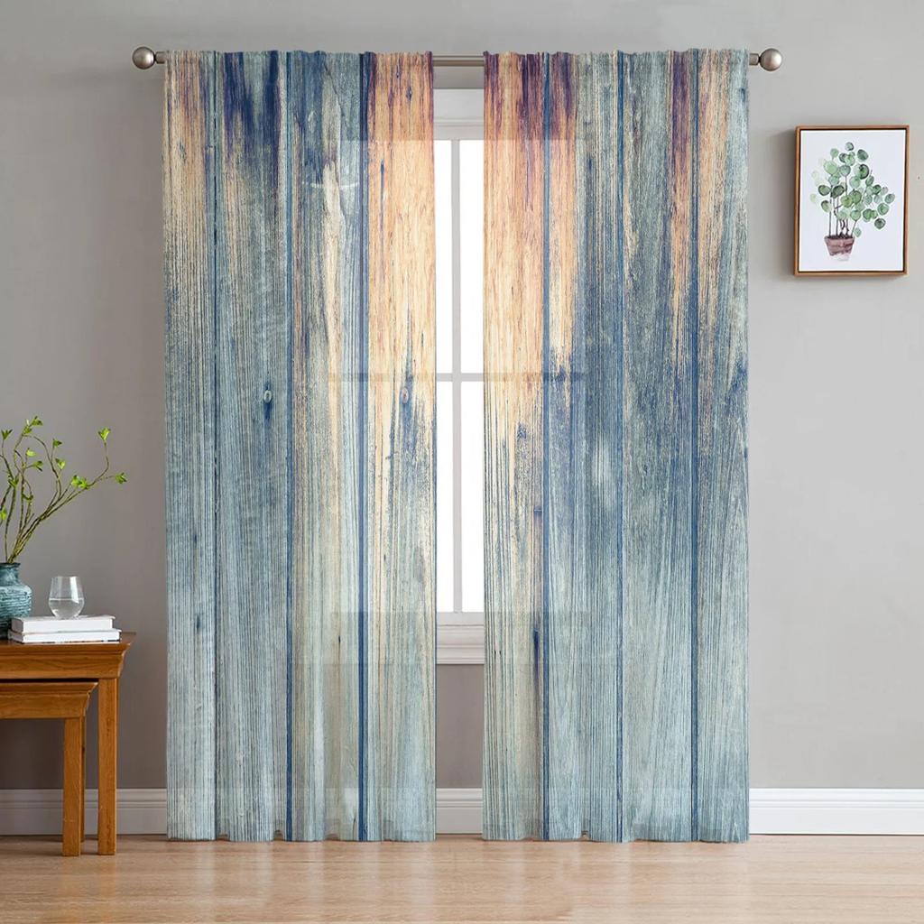 Tüllvorhänge mit Holzplankenstruktur für Wohnzimmer, bedruckt, durchsichtiger Voile-Vorhang, Schlafzimmer, Fenster, Sichtschutz, Jalousien, Heimdekoration